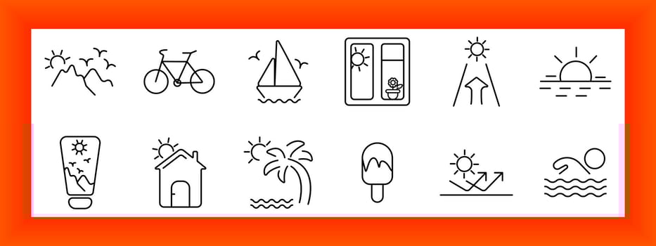 Vacation and travel set icon. Includes mountain, bicycle, sailboat, window, road, sunset, sunscreen, house, palm, popsicle, sun rays, swimmer, holiday scenes, relax. vector