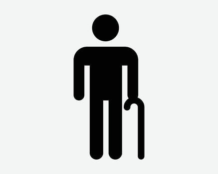 Old Man Elderly Senior Citizen Walking Stick Older Folks Aunty Uncle Hiking Grandfather Cane Disable Icon Sign Symbol Black White Illustration Graphic vector