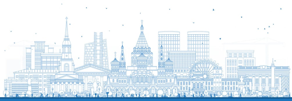 Outline Izhevsk Russia city skyline with blue buildings. Izhevsk cityscape with landmarks. Business travel and tourism concept with modern and historic architecture. vector