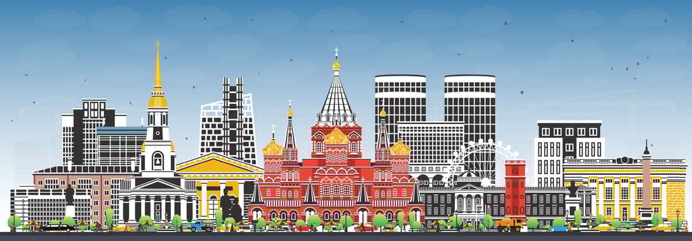 Izhevsk Russia city skyline with color buildings and blue sky. Izhevsk cityscape with landmarks. Business travel and tourism concept with modern and historic architecture. vector