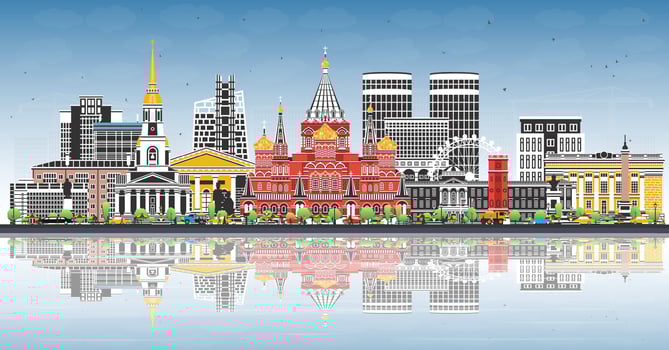 Izhevsk Russia city skyline with color buildings, blue sky and reflections. Izhevsk cityscape with landmarks. Travel and tourism concept with modern and historic architecture. vector