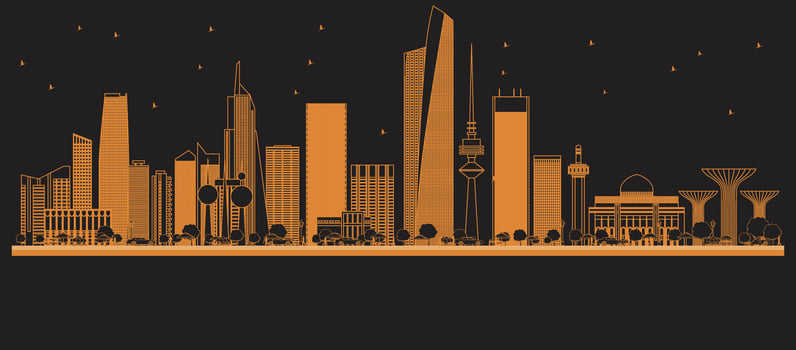 Outline Kuwait City Skyline with orange Buildings. Business Travel and Concept with Modern Architecture. Kuwait Cityscape with Landmarks. vector