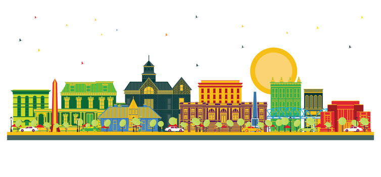 Council Bluffs Iowa Skyline with Color Buildings isolated on white. Business Travel and Tourism concept with Historic Architecture. vector