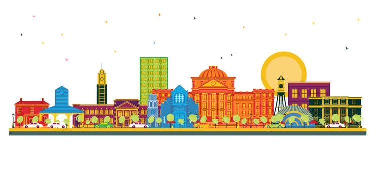 Ames Iowa City Skyline with Color Buildings isolated on white. Business Travel and Tourism Illustration with Historic Architecture. Ames Cityscape with Landmarks. vector