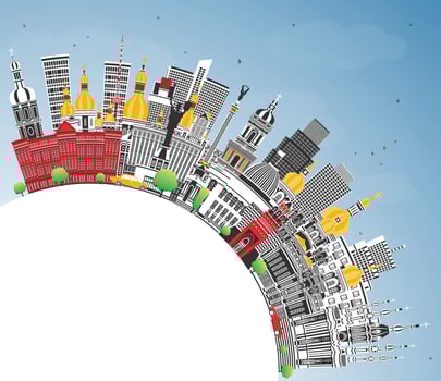 Kiev Ukraine city skyline with color buildings, blue sky and copy space. Kyiv cityscape with landmarks. Business travel tourism concept historic architecture vector