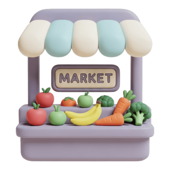 Cute cartoon market stall with fresh fruits and vegetables isolated on transparent background png