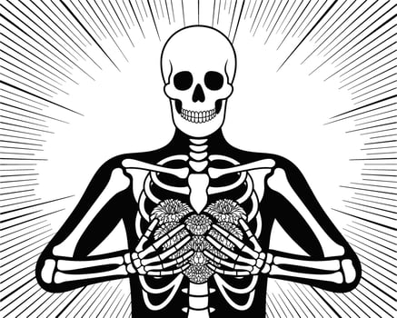 Day of the Dead Skeleton Holding Heart, Mexican Festival Art, Skeleton Symbolizing Love and Respect for the Dead, Dia de los Muertos Artistic Skeleton Design with Heart vector