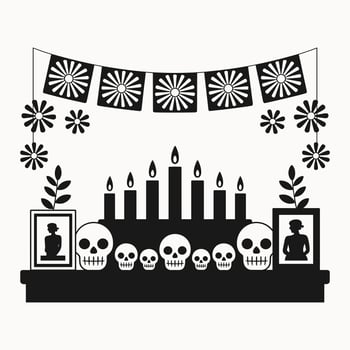 Mexican Day of the Dead Altar with Skulls, Candles, and Marigold Flowers, Celebration of Dia de los Muertos, Spiritual Altars with Sugar Skulls and Cultural Decorations vector