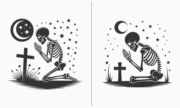 Skeletons Sitting at the Dia de los Muertos Dinner Table, Mexican Festival, Skulls, Marigolds, Candles, and Cultural Decoration, Day of the Dead Family Celebration Dinner vector