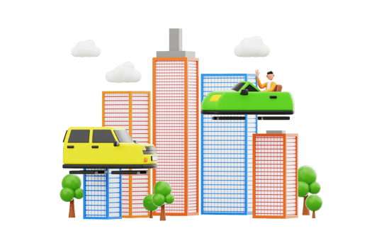 Futuristic cars in a colorful cityscape png