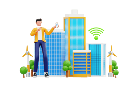 Person with smartphone in cityscape png