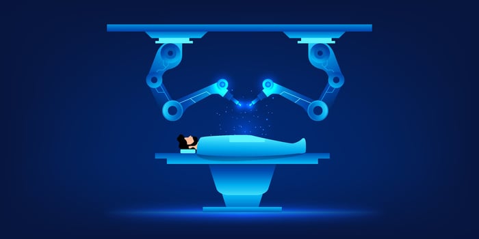 Robots performing robotic surgery procedure vector