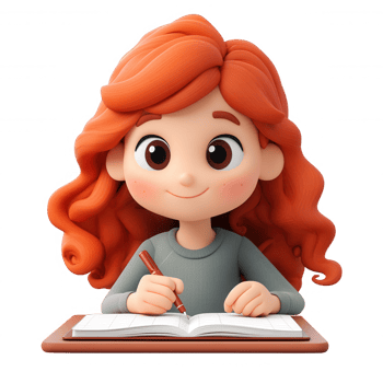 in haired 3d icon woman intensely writing Red notebook, wearing gray hoodie, lost in creative process against clean white background png