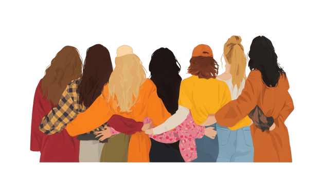 Seven women standing friendship in arm, symbolizing arm and unity. The transparent and highlights their connection background diversity png