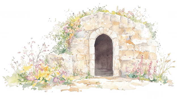 Weathered rendering stone mouth emerging backdrop verdant foliage, watercolor cave with transparent through png