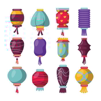 Colorful chinese lantern set collection with cartoon bright color, Chinese New Year, Mid Autumn Festival background, banner and greeting card, Traditional korean decoration. vector