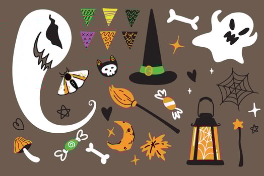 Scary halloween pumpkins ghosts, witches bats skeletons, haunted forest house, black cat spider web, full moon graveyard, zombie vampire mummy, spooky autumn night vector