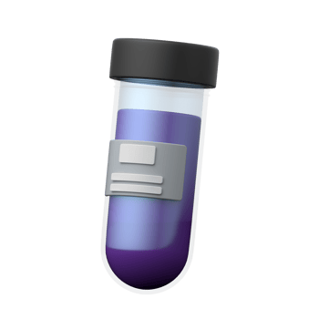 A stylized 3D rendered test tube filled with a vibrant purple liquid. png