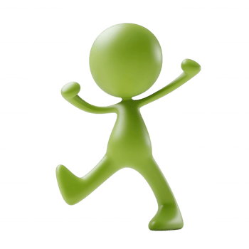 Smiling green character icon user cartoon walking 3d confidently, arms lifted high, symbolizing achievement against transparent backdrop png