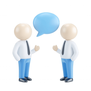 Two 3d icon user businessmen are having a conversation, represented by a large blue speech bubble between them, on a transparent background png