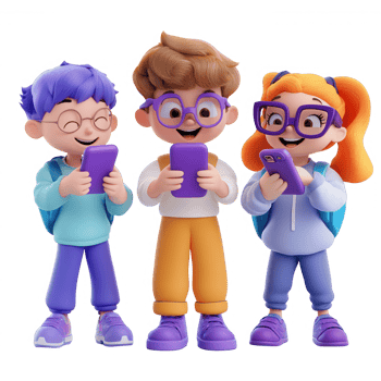 3d icon Digital age characters sharing fun moments, engaging with smartphones and connecting technology modern background against transparent through png