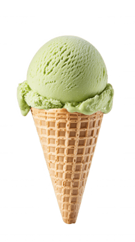 3d icon crispy chocolate chip ice cream melting over Mint waffle cone, dripping against transparent background png