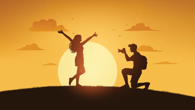 Silhouette of a Couple Taking Photos at Sunset on a Trip vector
