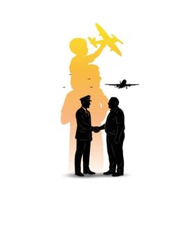 Silhouette of Pilot and Elder Man with Childhood Dream Reflection vector