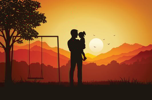 Father and daughter silhouette at sunset vector