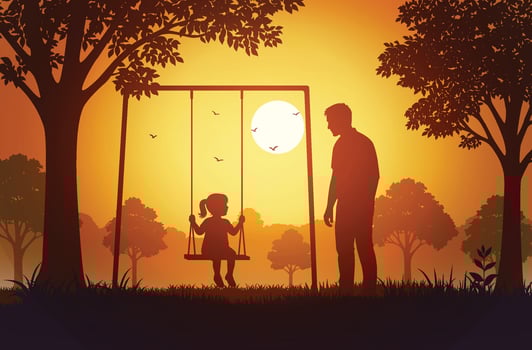 Father and daughter on swing at sunset vector