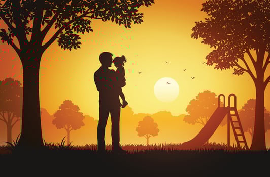 Father and child silhouette at sunset vector