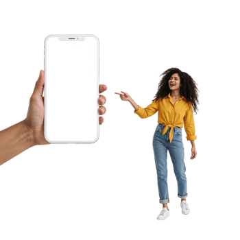 Enthusiastic woman presenting a blank phone screen with gesture on a clean background png