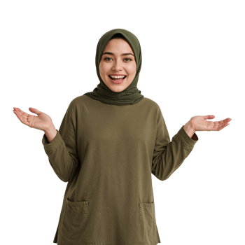 Cheerful young woman in hijab gesturing with open hands against an isolated background png