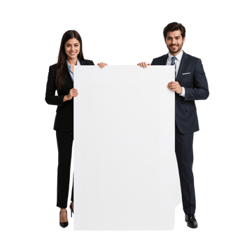 Dynamic professional duo presents a pristine white canvas for your innovative message and png