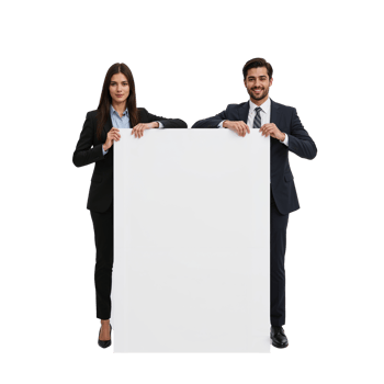 Professional couple presenting a blank white board against a spacious clean setting for png