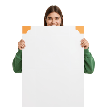 Smiling woman holding blank white sign with rounded decorative corners presenting information png