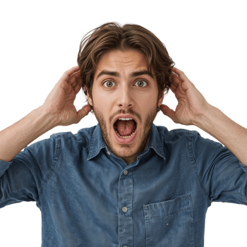 Astonished man expresses extreme disbelief with an open mouth and hands at ears portraying a png