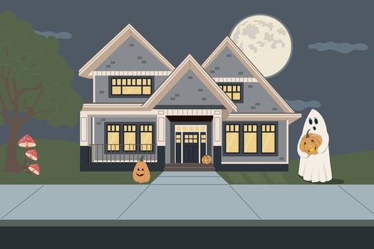 Halloween house with ghost and pumpkins vector