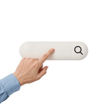 Interactive search bar element with a finger poised to activate the magnifying glass icon isolated png