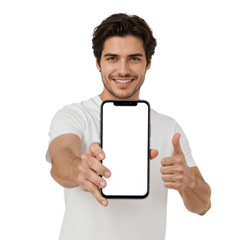 Person showcasing mobile phone with vibrant screen, positivity and endorsement, isolated png