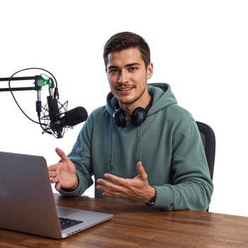 Engaging podcaster hosting a show from his studio with professional microphone for clear audio png