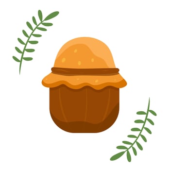 jar of honey and green leaves, harvest, season vector