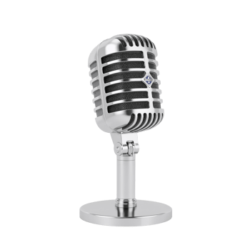Vintage microphone casting a strong presence through elegant form and polished silver finish png