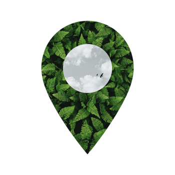 Leafy marker graphic on transparent base showcasing aerial birds and cloudscape serenity location png