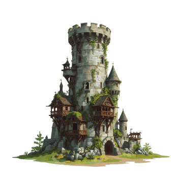 Majestic fortified tower with intricate architecture, standing against a plain backdrop, evoking png