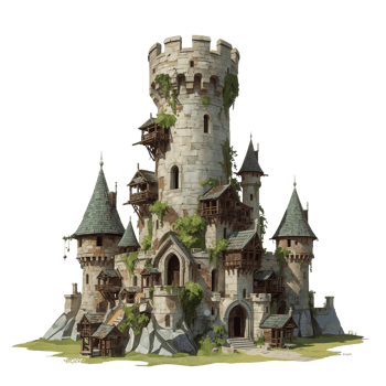 Enchanting medieval castle with weathered stone facade and timber balconies on transparent setting png