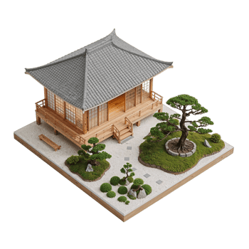 Intricate architectural model showcasing Eastern influence through a miniature Zen garden png