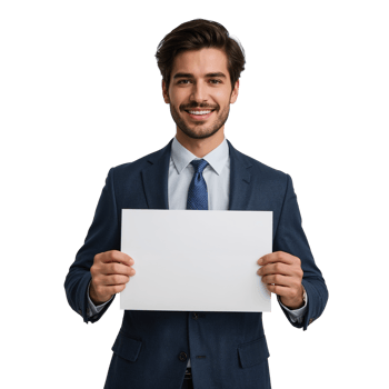Smiling businessman holding blank white board for message presentation isolated png
