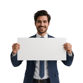 Smiling professional showcasing blank placard against isolated transparent backdrop for message png