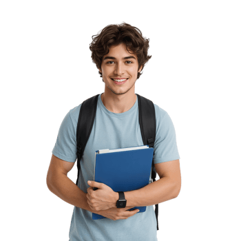 Cheerful university student with backpack and educational documents, isolated, ready for studies, png